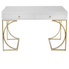 a white and gold desk with two drawers on one side, an open drawer on the other