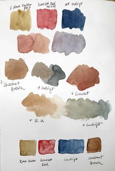 the different shades of watercolors on paper with their names and colors in them