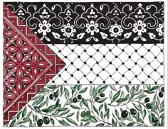 four different patterns with green leaves and red, white, and black designs on them