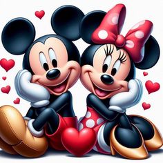 two mickey and minnie mouses hugging each other with hearts in the air behind them