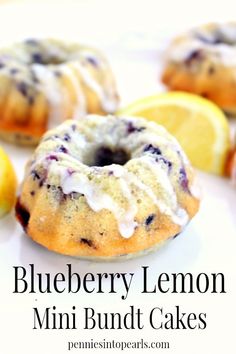 blueberry lemon mini bundt cakes on a white plate