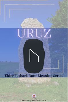 Runestone, rune Uruz with text overlay saying uruz elder Futhark Rune Meaning Series Rune Uruz, Uruz Rune, Baby Witch Tips, Runes Meaning, Witchcraft Tips