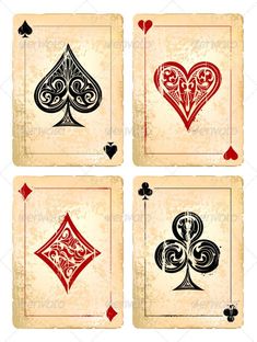 four playing cards with hearts and spades on them - miscellaneous objects / objects illustrations