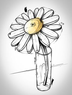 a drawing of a flower in a vase with water on the bottom and an eye drawn on it