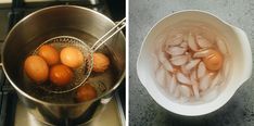 two pictures side by side one with eggs and the other with water in it