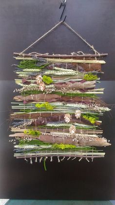 a hanging planter made out of sticks and branches with moss growing on them,