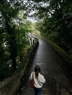 a woman walking up some stairs in the woods