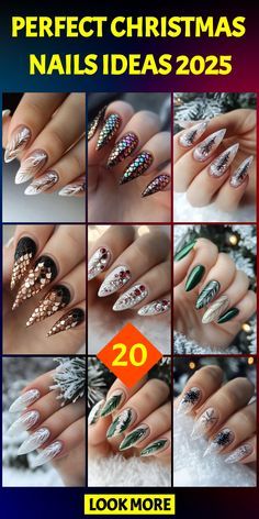 Holiday Coffin Nails, Nail Designs Metallic, Cute Christmas Nail Ideas, Simple Christmas Nail Designs, Simple Christmas Nail, Green Christmas Nails, Festive Holiday Nails, Negative Space Nail Art, Christmas Nail Ideas