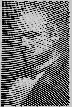 a black and white image of a man's face with halftone dots in the background