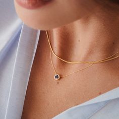 "Celebrate your birth month September as your favorite month of the year with this unique diamond sapphire necklace handcrafted in 14k solid gold. The halo of diamond stones encircles the elevated sapphire gemstone in a simplistic way. ‣ 2 Years Warranty ‣ Free Express International Shipping ‣ Free returns within 30 days from the order date Features * Made to Order. * Material: Solid Gold (real solid gold, no gold-filled or no gold plated material) * Gold KT: 14K * Choice of Gold Color: Yellow G Blue Gem Necklace, Emerald Green Necklace, Blue Sapphire Pendant, Blue Sapphire Necklace, Jewel Wedding, Halo Necklace, Gem Necklace, Ruby Necklace, Gold Diamond Necklace