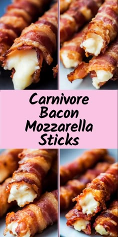 bacon mozzarella sticks on a plate with the words carnivor bacon mozzarella sticks