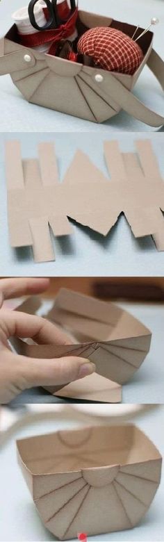 two pictures showing how to make a paper boat with scissors and yarn in the middle