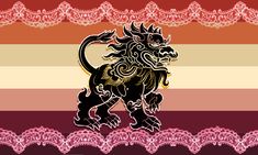 an image of a lion on a striped background with intricate lace around the edges in red, yellow and pink colors