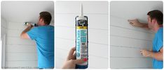 three pictures of a man fixing a wall with glue and water in one photo, while another shows how to fix it