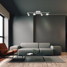 a modern living room with grey walls and wood floors