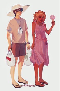 two people standing next to each other holding bags and ice cream cones in their hands