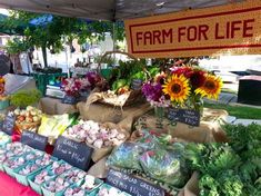 an outdoor farmers market with lots of fresh produce and flowers for sale on the tables