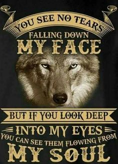 a wolf with the words you see no tears falling down my face but if you look deep into my eyes, you can see them flowing from my soul