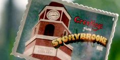 a stamp with the words greetings from story book on it and a clock tower