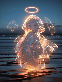 an anime character is standing in the water with her arms spread out and glowing around