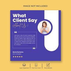 a blue and white flyer with the words, what client say about us on it