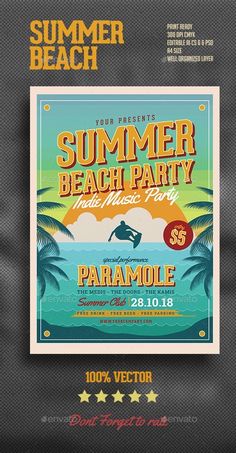 a flyer for a summer beach party with palm trees