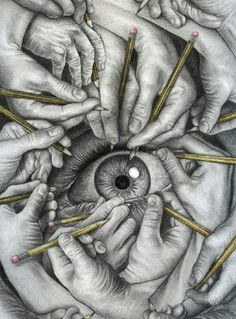 several hands holding pencils over an eye