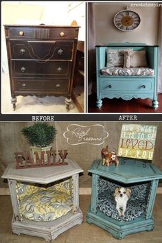 before and after photos of an old dresser turned into a side table with dog bed