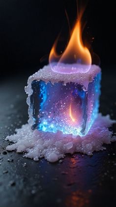 an ice cube with fire and water on it