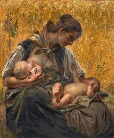 a painting of a woman holding a baby in her lap and looking down at the ground