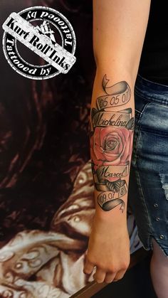 a woman's arm with a rose tattoo on it and the words, i love you