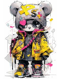 a drawing of a teddy bear wearing a yellow jacket and black boots with the letter s on it's chest