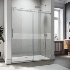 a bathroom with a walk in shower next to a sink and mirror on the wall