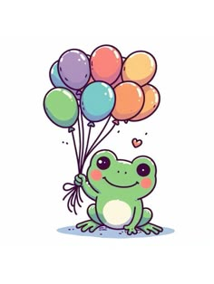 a frog with balloons floating in the air