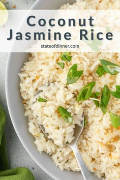 a white bowl filled with coconut jamine rice and garnished with fresh basil