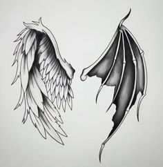 two black and white tattoos with wings on them