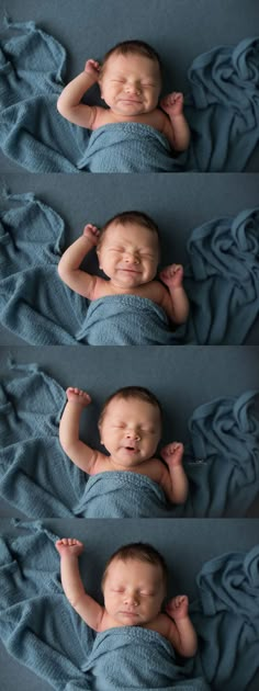 three baby babies wrapped in blue blankets with their hands on their heads and eyes closed