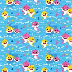 a blue background with pink and yellow cartoon sharkes on it, surrounded by music notes