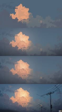 the sky and clouds are reflected in the water at different times of day or night