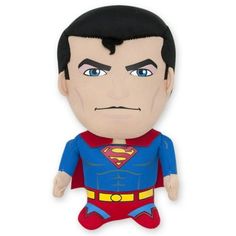 a stuffed toy that is wearing a superman suit and has a frown on his face