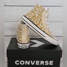 Girls Custom Golden Delight Converse Size 4 Sneaker Ball Shoes, Bejeweled Sneakers, Converse Shoes Girls, Blinged Shoes, Painting Converse, Red Hightop Converse, Bedazzled Sneakers, Bling Converse Shoes, Decorated Converse