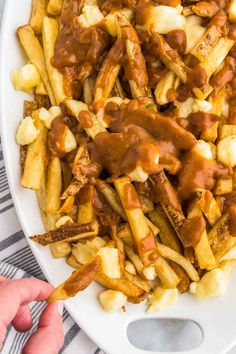 french fries smothered in gravy on a white plate