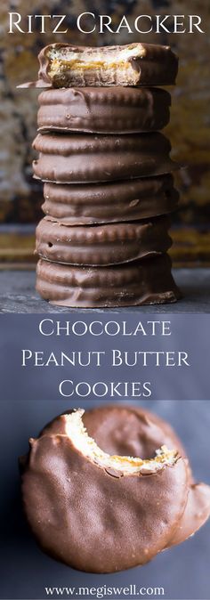 chocolate peanut butter cookies stacked on top of each other with the words, ritz cracker