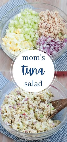 mom's tuna salad in two bowls with a wooden spoon