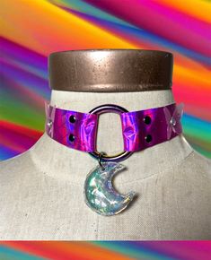 Pink Holographic Butterfly Choker with Aura Quartz Moon Pendant Handmade  Vegan Faux Leather Fits size 13 inches- 15.5 inches Necklace width is 1 inch  All metals used are zinc alloy **All pendants are extremely delicate. Please be mindful when removing or setting down.** Pretty Chokers, Dreads Diy, Weird Accessories, Tomorrowland Outfit, Braids Dreads, Holographic Butterfly, Butterfly Choker, Scene Goth, Pink Holographic