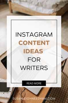 a desk with an open laptop on it and the words instagramm content ideas for writer