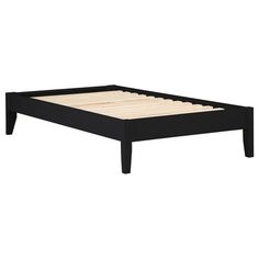 a black bed frame with wooden slats