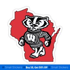 the wisconsin badger mascot is running with his hands in his pockets and wearing a red sweater