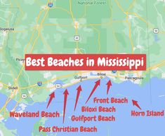 the best beaches in mississippi map with red arrows pointing to different locations and names on it