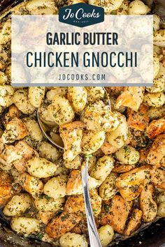 garlic butter chicken gnocchi in a skillet with a spoon